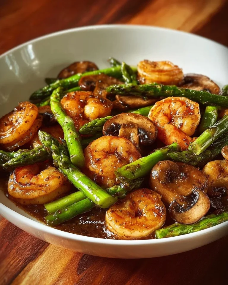 Stir-fried shrimp with asparagus and mushrooms in a vibrant dish