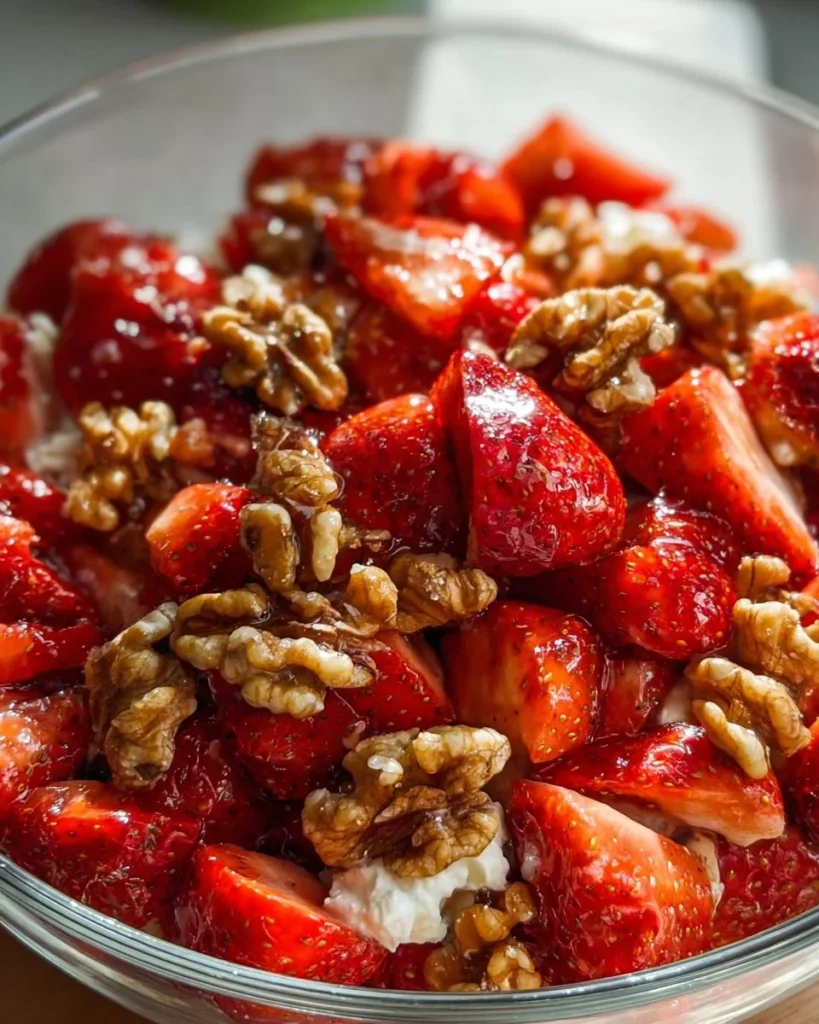 Colorful Strawberry Crackle Salad with fresh strawberries and crunchy toppings