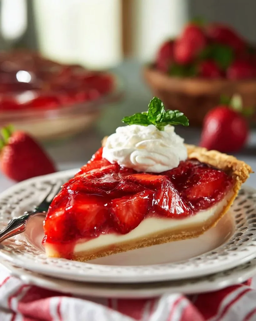 Delicious Strawberry Cream Pie topped with fresh strawberries and whipped cream