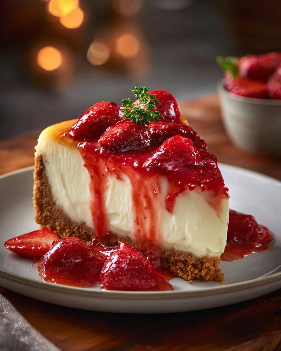 Slice of Strawberry Crunch Cheese Cake with cream and strawberries on top.