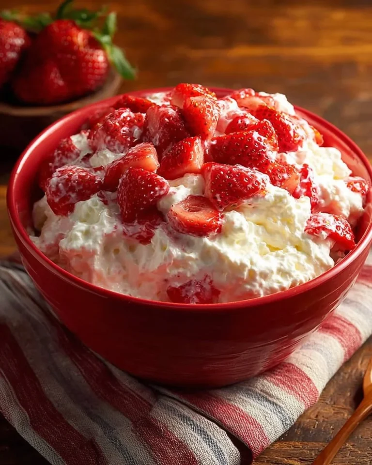 Delicious Strawberry Fluff Salad served in a bowl with fresh strawberries and whipping cream.