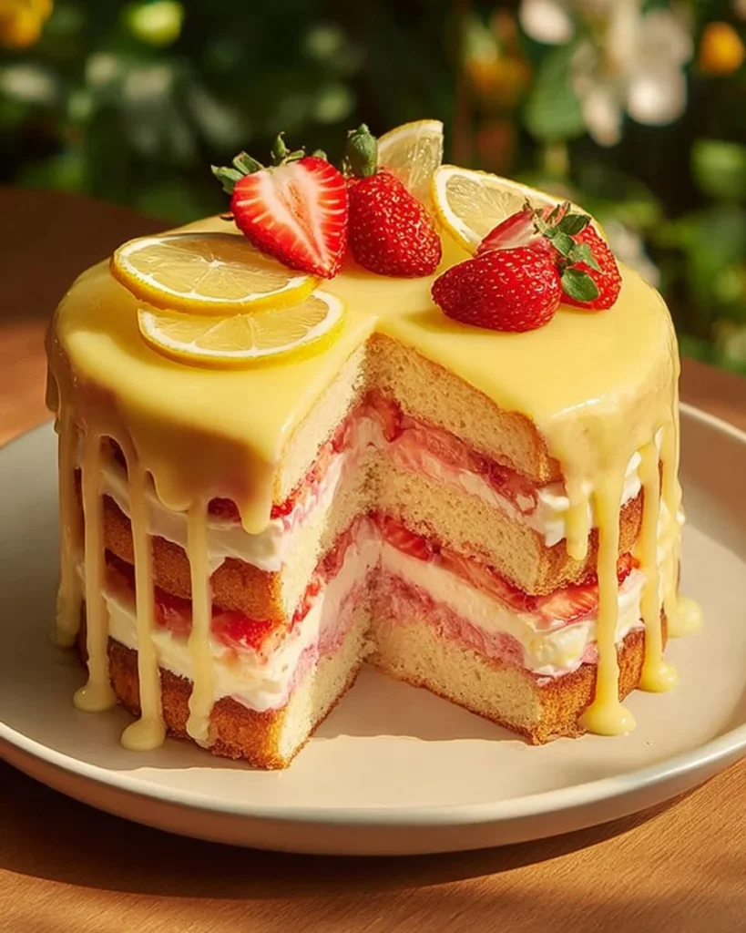 Strawberry Lemonade Layer Cake decorated with fresh strawberries and lemon slices