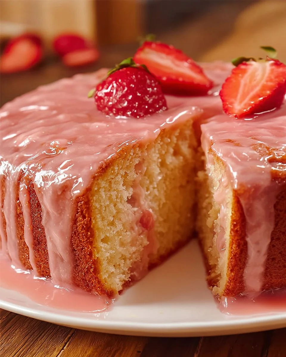Slice of strawberry pound cake drizzled with strawberry glaze on a plate