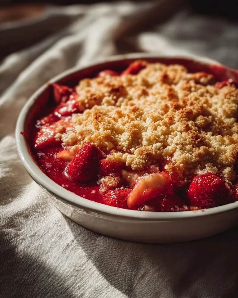 Freshly baked Strawberry Rhubarb Crisp in a serving dish
