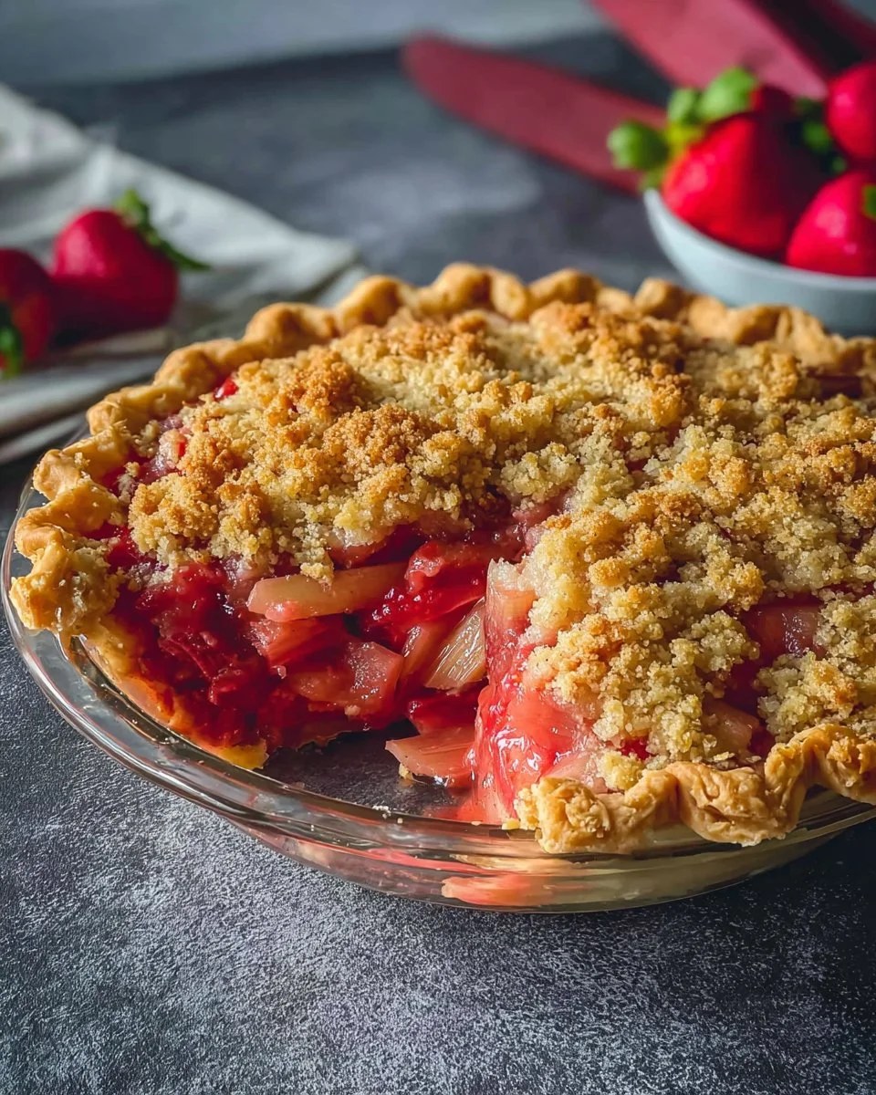 Homemade strawberry rhubarb pie fresh out of the oven, served with a slice cut
