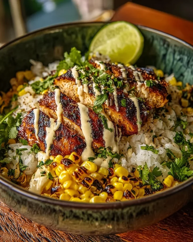 Delicious Street Corn Chicken Rice Bowl with grilled chicken and fresh ingredients
