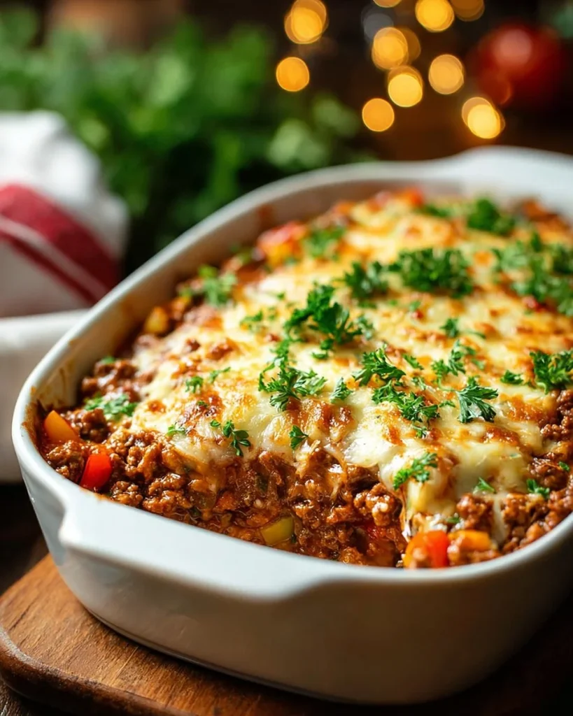 Delicious beef stuffed pepper casserole served in a bowl