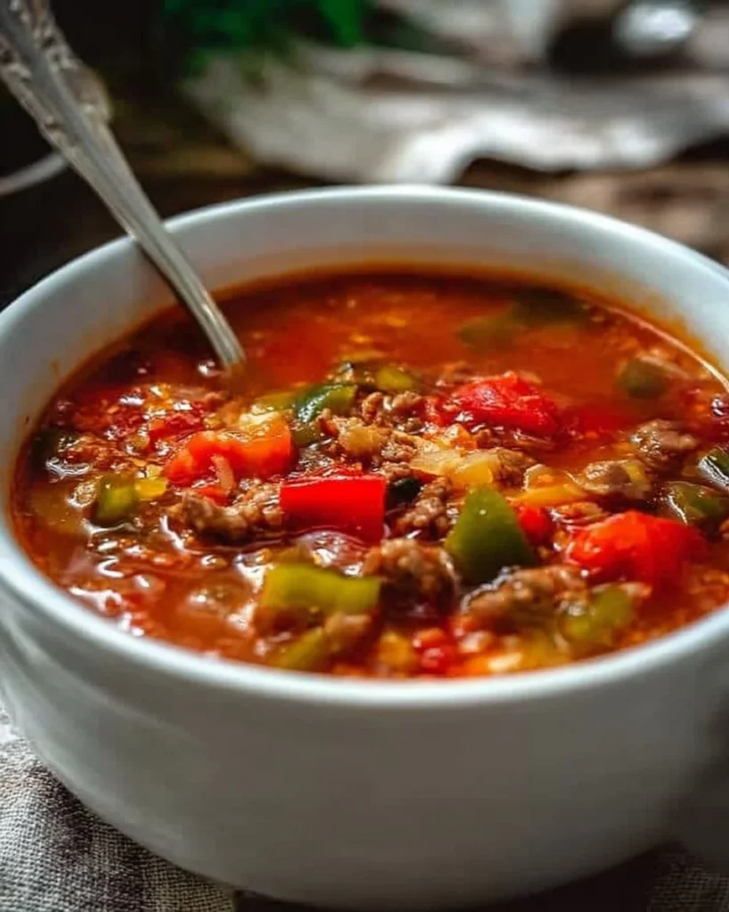 Bowl of colorful stuffed pepper soup garnished with herbs