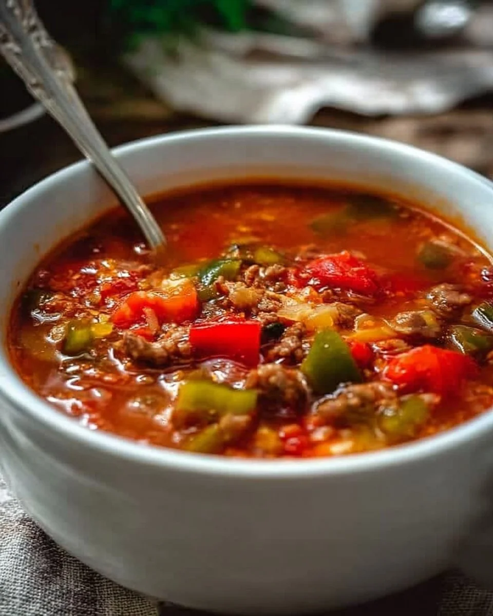 Bowl of colorful stuffed pepper soup garnished with herbs