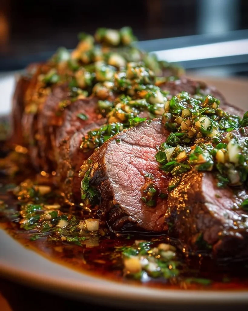 Succulent herb butter beef tenderloin roast served with fresh herbs
