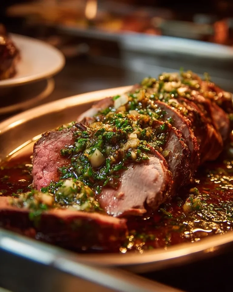 Succulent herb butter beef tenderloin roast served on a plate with herbs