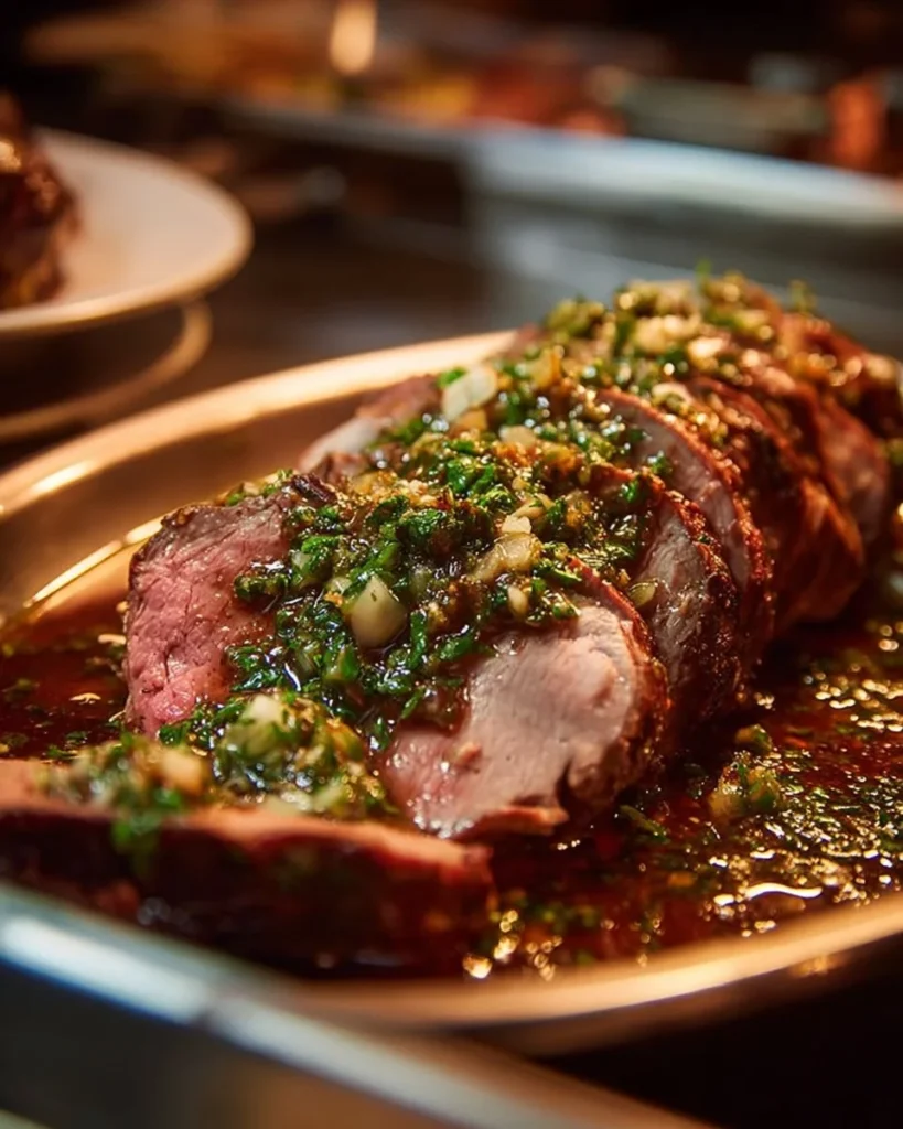 Herb butter beef tenderloin roast served on a festive table