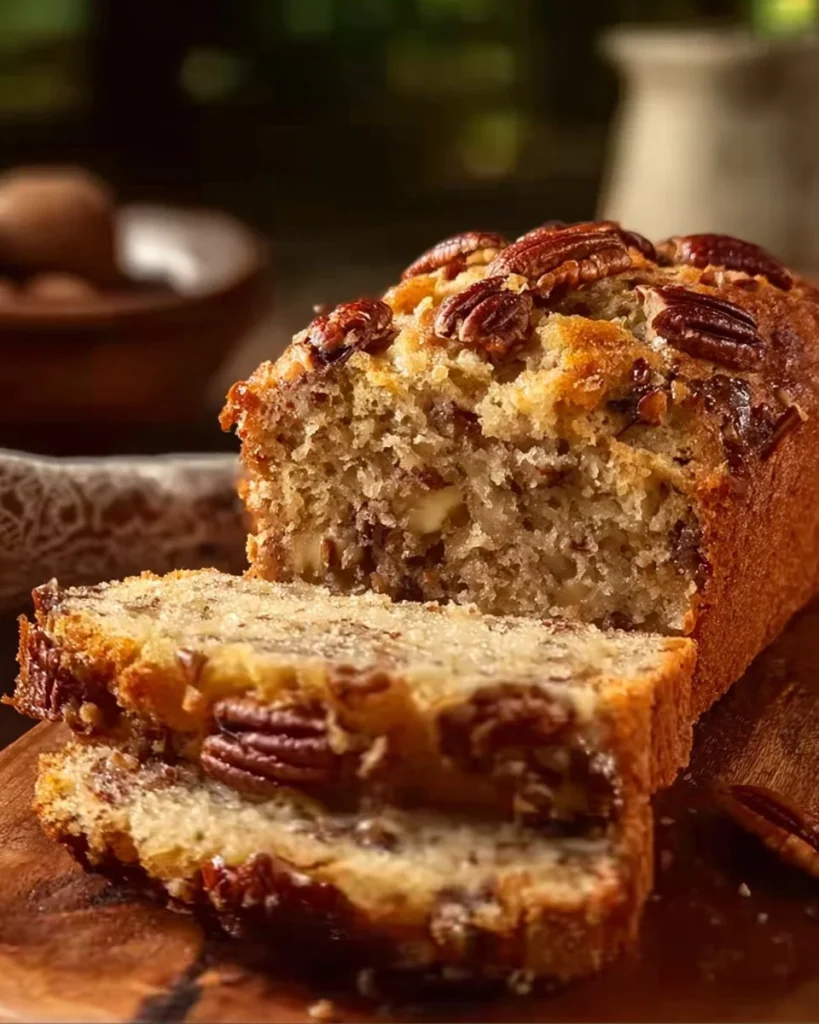 Loaf of Sweet Alabama Pecan Bread with nuts on a wooden cutting board.