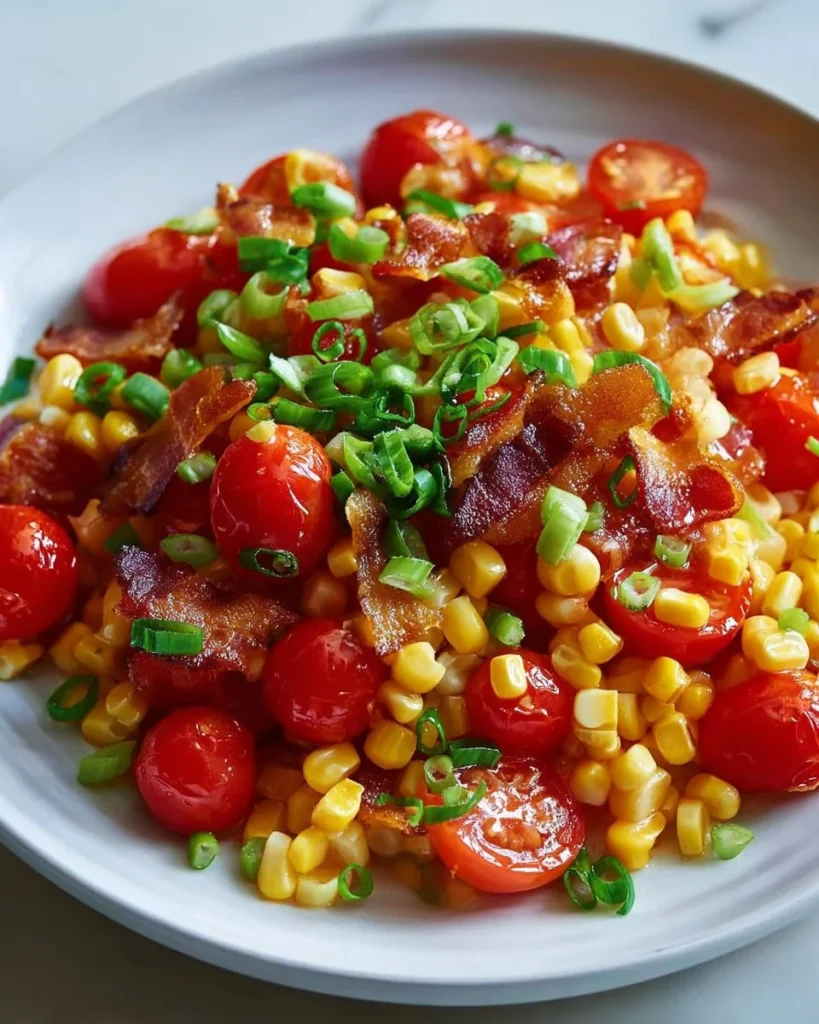 Sweet corn and tomato sauté with crispy bacon in a skillet