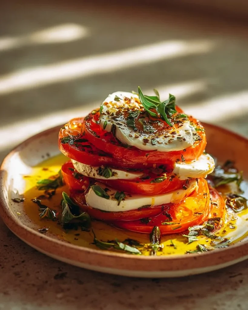 Stack of Sweet Potato slices topped with creamy Burrata cheese.
