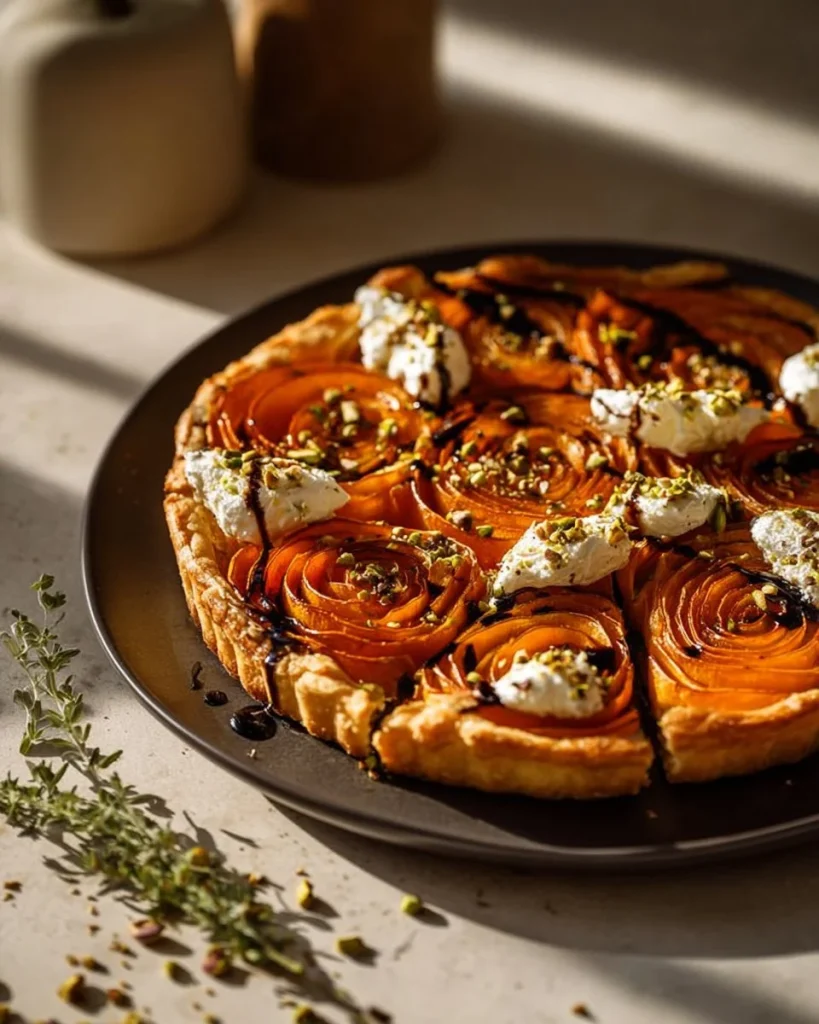 Sweet Potato Galette topped with feta, pistachios, and hot honey drizzle.