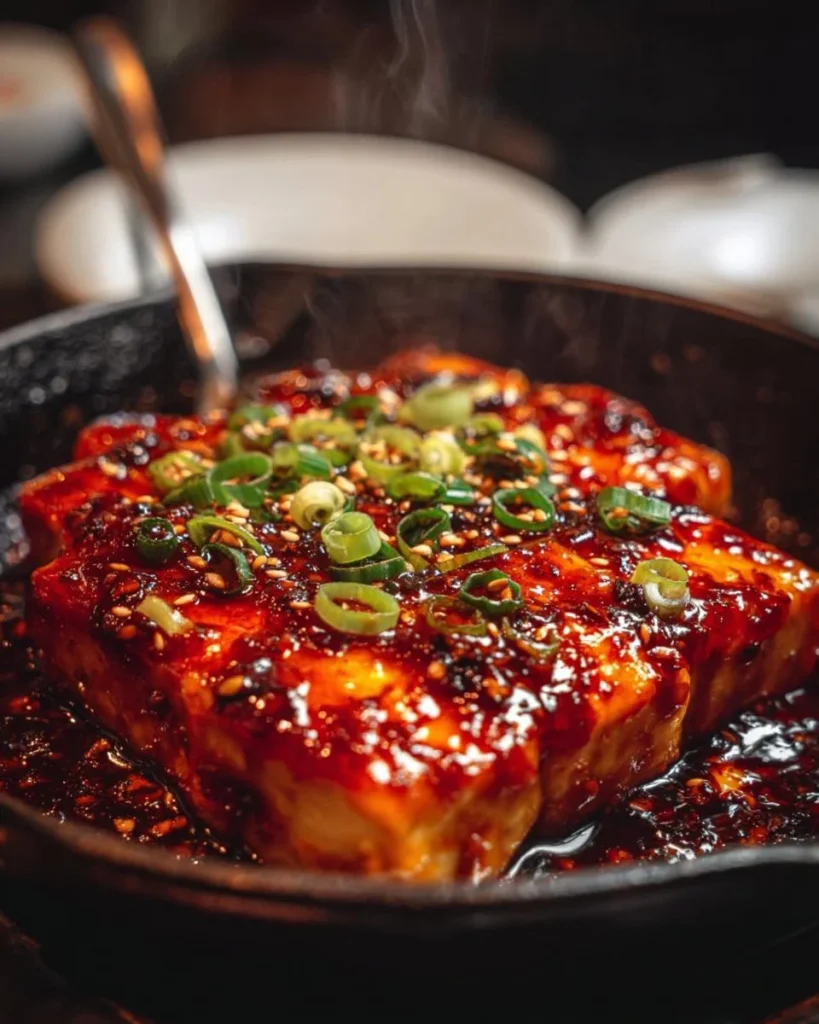Swicy baked feta topped with gochujang honey glaze and sesame crackle