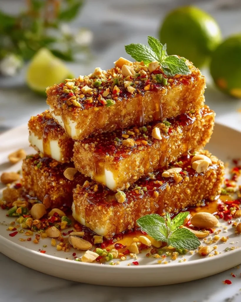 Delicious Swicy Pistachio Halloumi with zesty lime drizzle on a plate