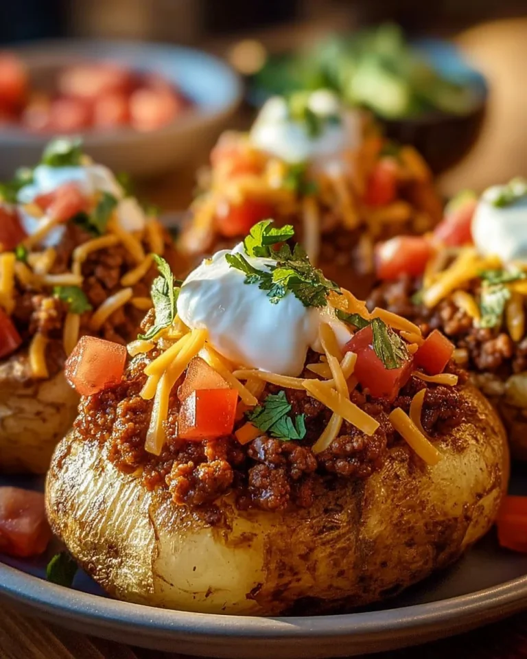 Delicious Taco Loaded Baked Potatoes topped with cheese and fresh toppings