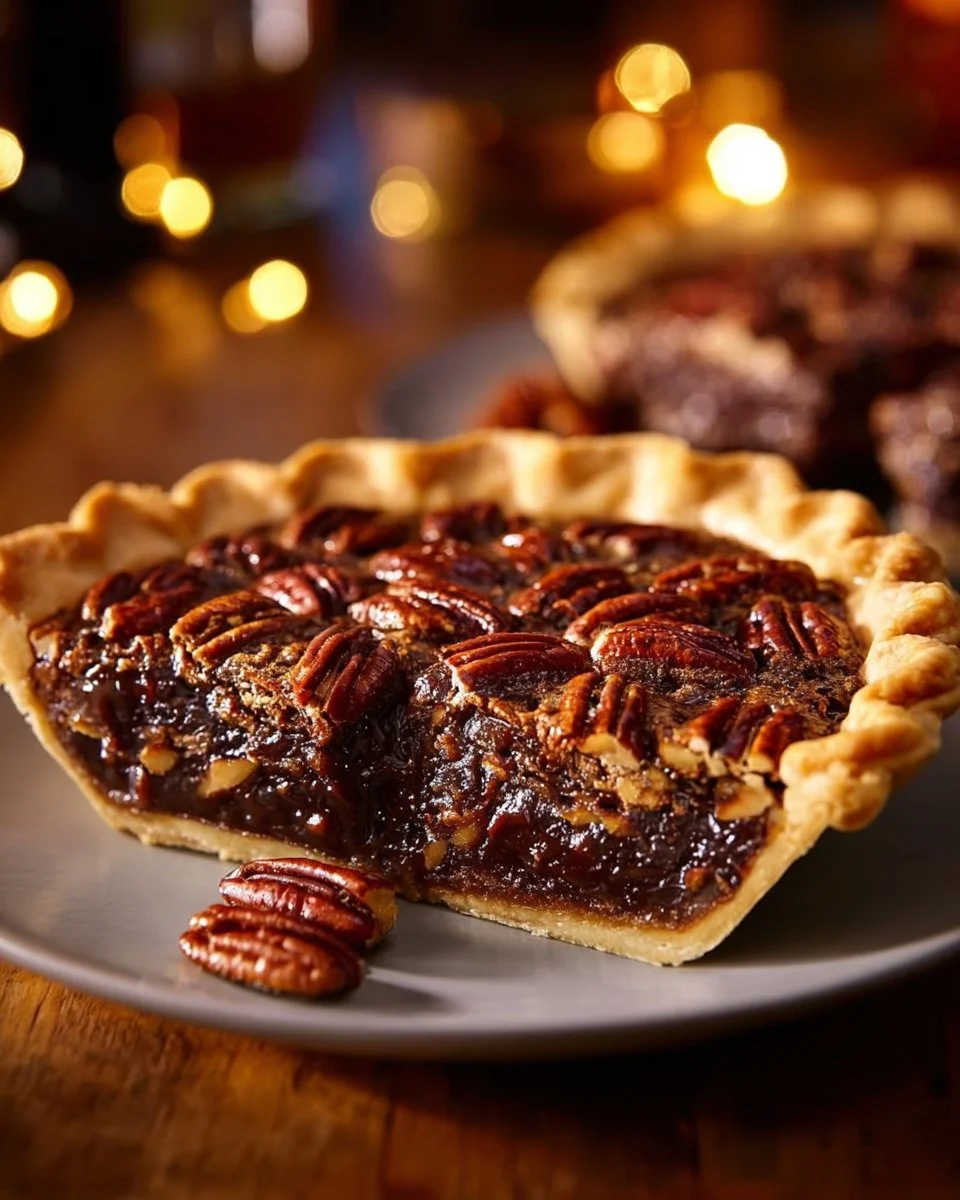 Delicious Texas chocolate pecan pie topped with pecans on a wooden table.