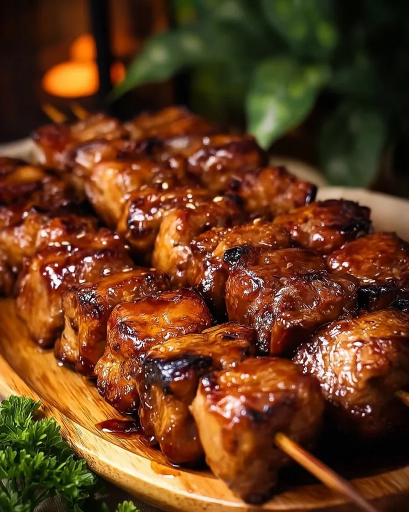 Delicious Thai Coconut Chicken Skewers garnished and ready to serve
