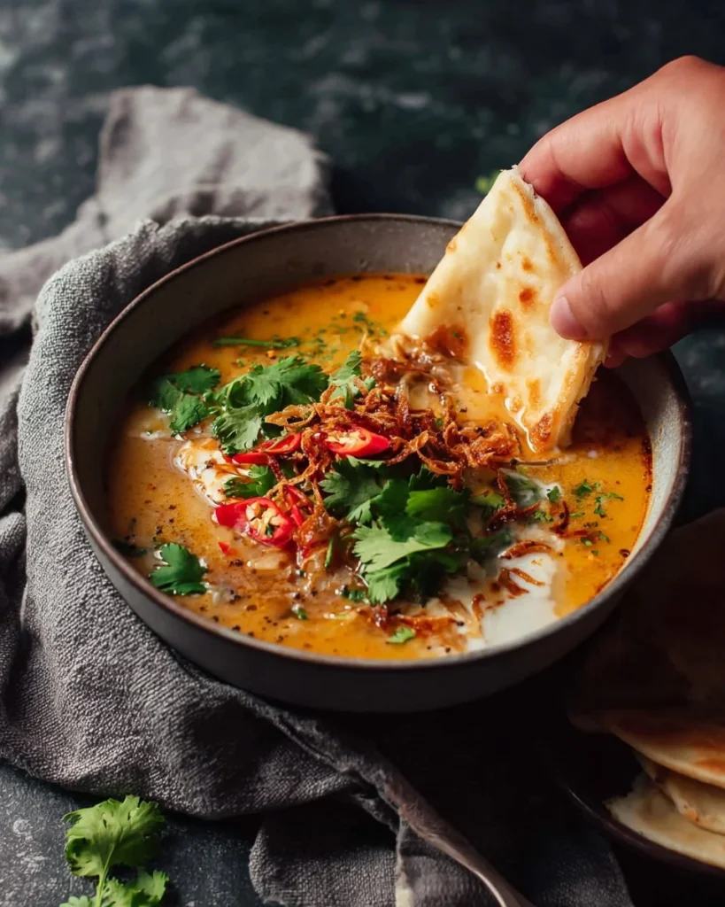 Bowl of Thai Coconut Pumpkin Soup garnished with herbs and spices
