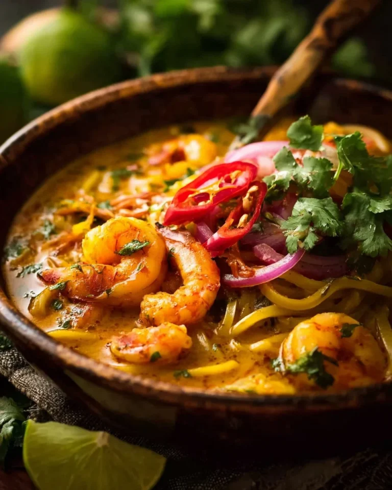 Bowl of Thai Coconut Soup garnished with fresh herbs and spices