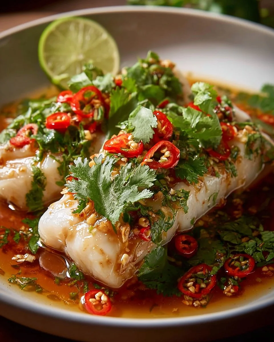 Delicious Thai Lime-Garlic Steamed Fish garnished with herbs and lime slices.
