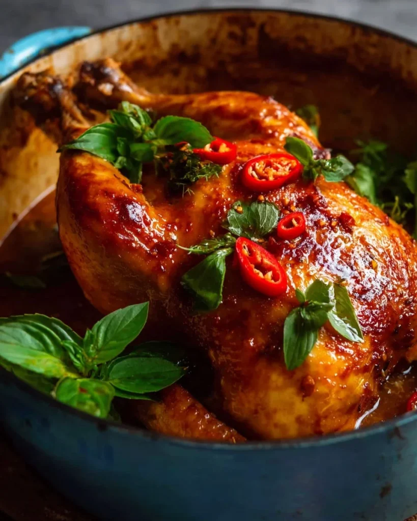 Bowl of Thai Red Curry Pot Roast Chicken with fresh herbs and spices