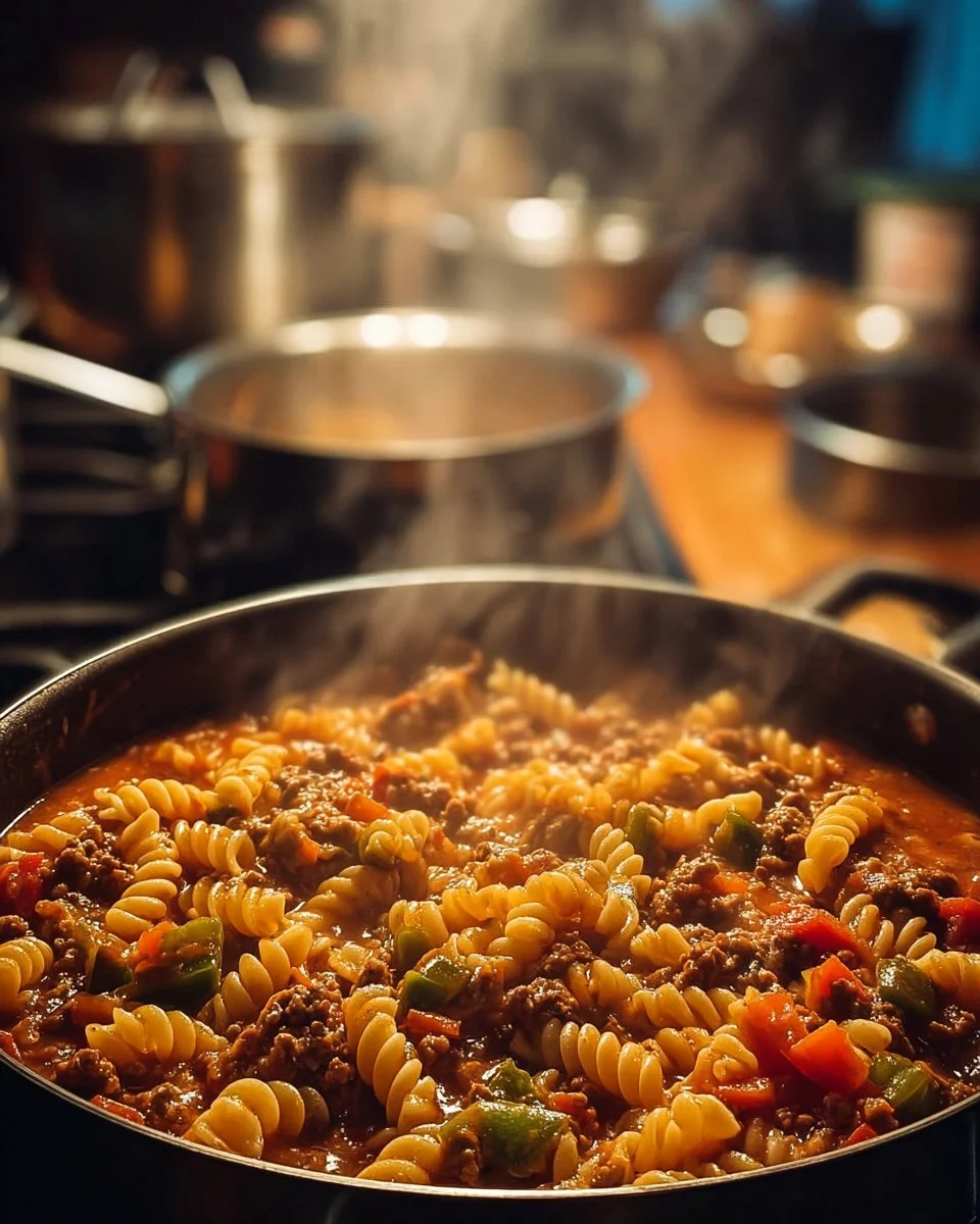 A delicious bowl of homemade goulash with noodles and spices.