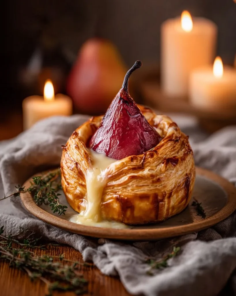 Poached pear wrapped in brie cheese and baked in puff pastry