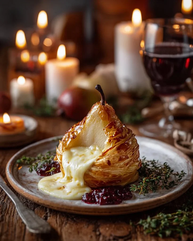Poached pear wrapped in brie cheese and puff pastry ready to be served.