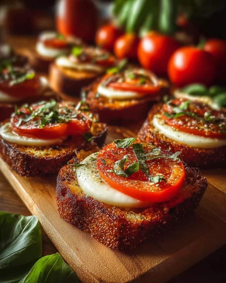 Homemade Tomato Basil Garlic Bread garnished with fresh basil and garlic.