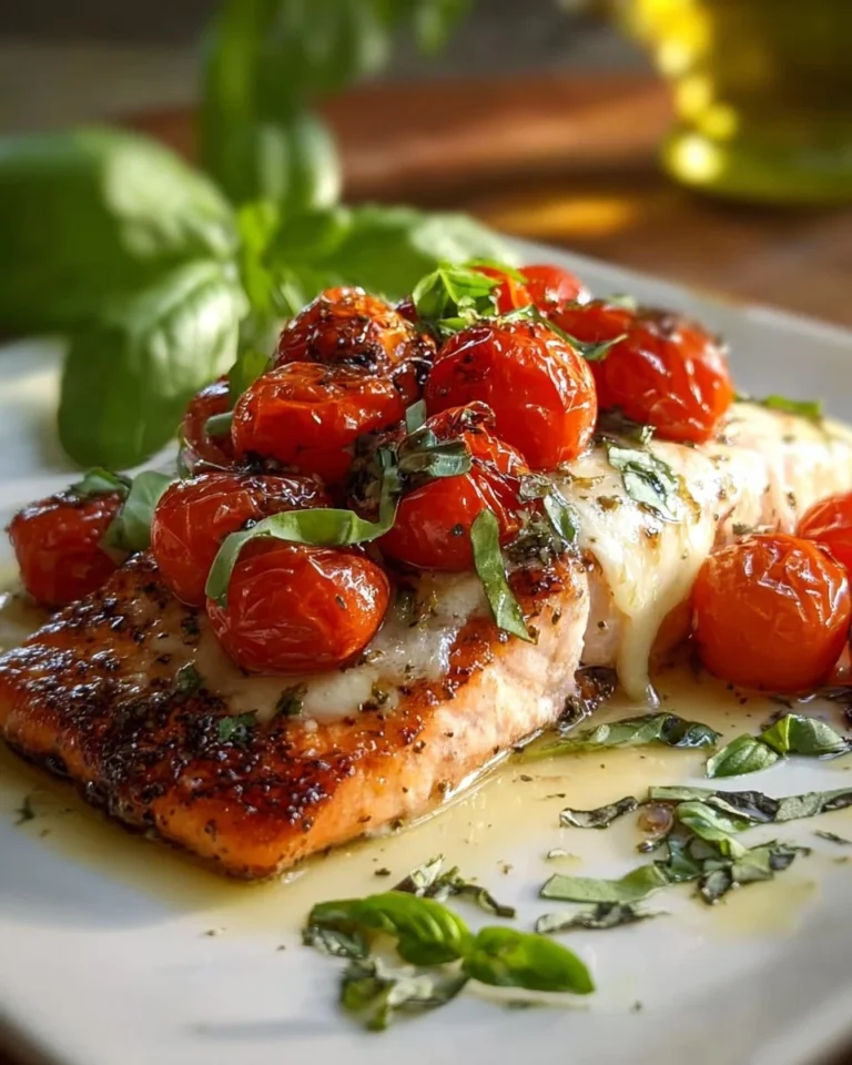 A plate of Tomato Basil Salmon garnished with fresh basil and tomatoes.