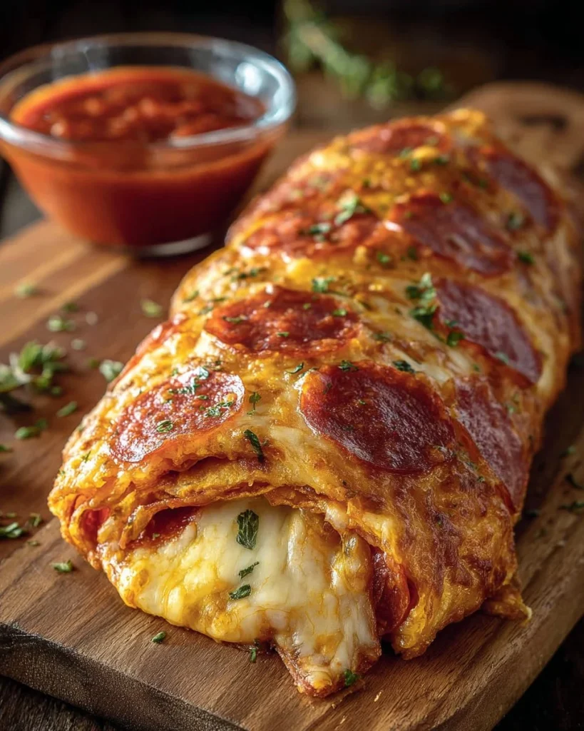 Tremendous Cheesy Pepperoni Stromboli with gooey cheese and pepperoni filling
