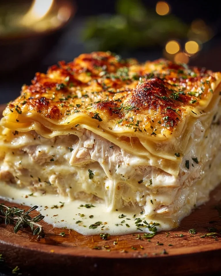 Delicious Ultimate Chicken Alfredo Lasagna with creamy sauce and chicken layers