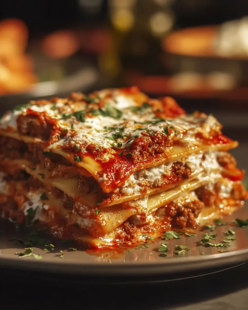 Ultimate classic lasagna with hearty meat sauce topped with melted cheese