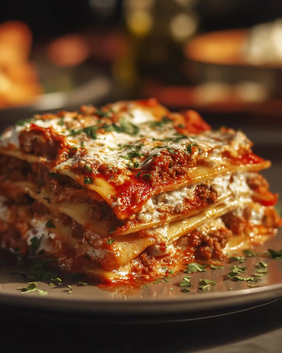 Ultimate classic lasagna with hearty meat sauce topped with melted cheese