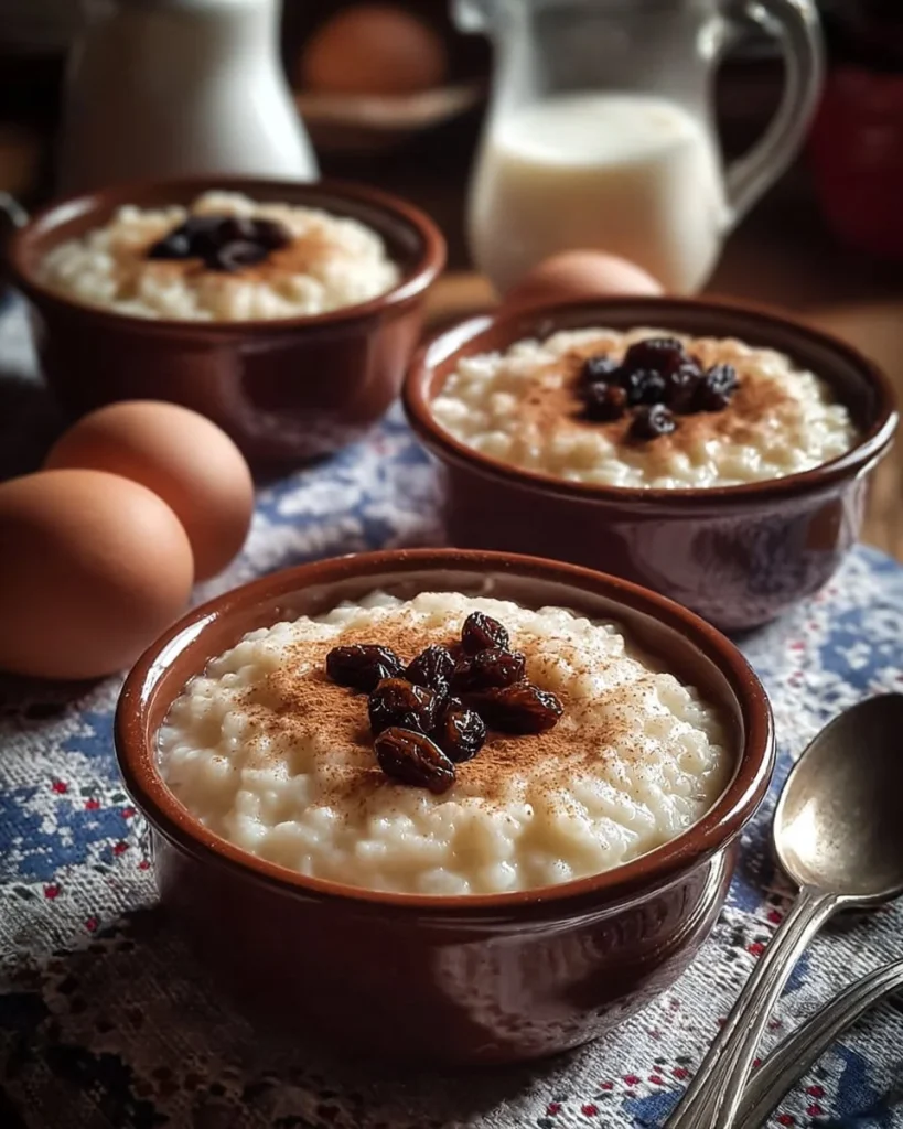 Bowl of creamy vanilla rice pudding topped with cinnamon and fresh fruit