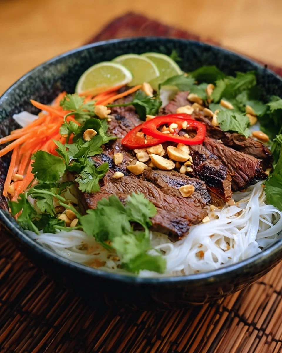 Delicious Vietnamese Lemongrass Beef served with noodles and fresh herbs.