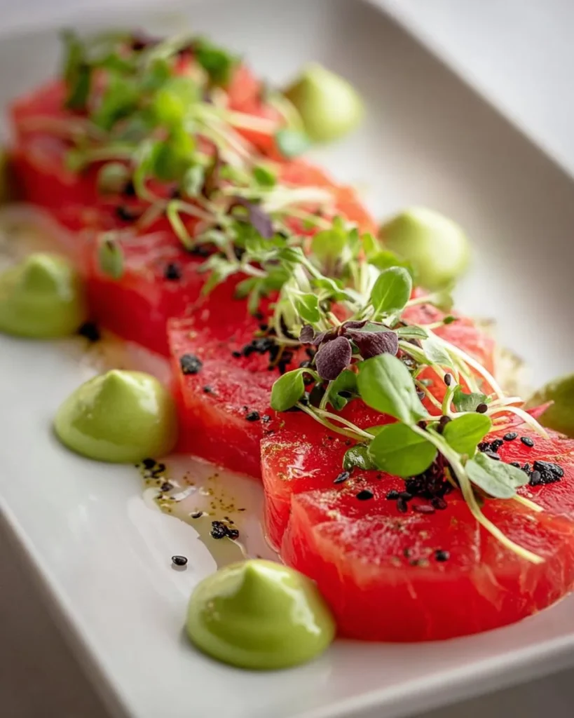 Plate of watermelon sashimi with avocado-wasabi cream garnish