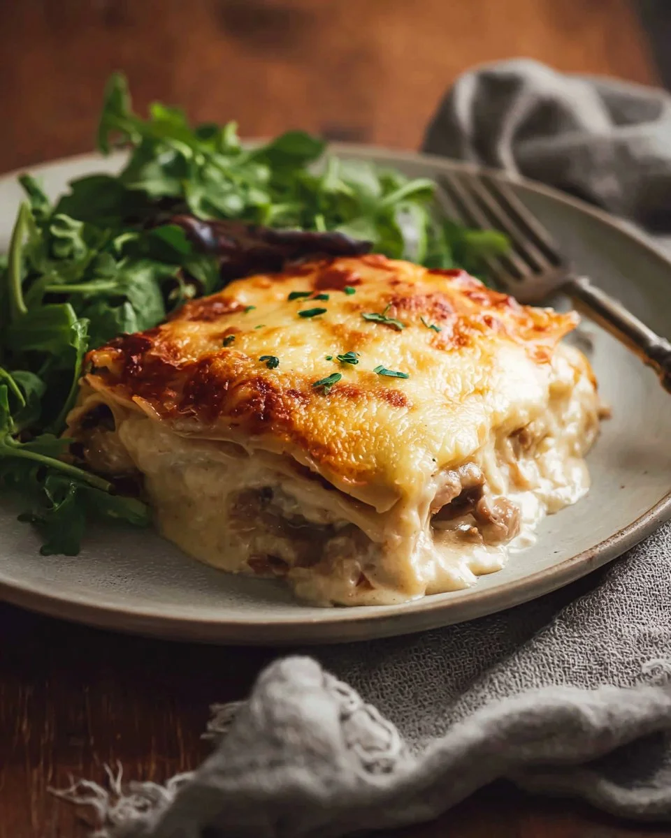 White Chicken Lasagna with layers of chicken, cheese, and creamy sauce