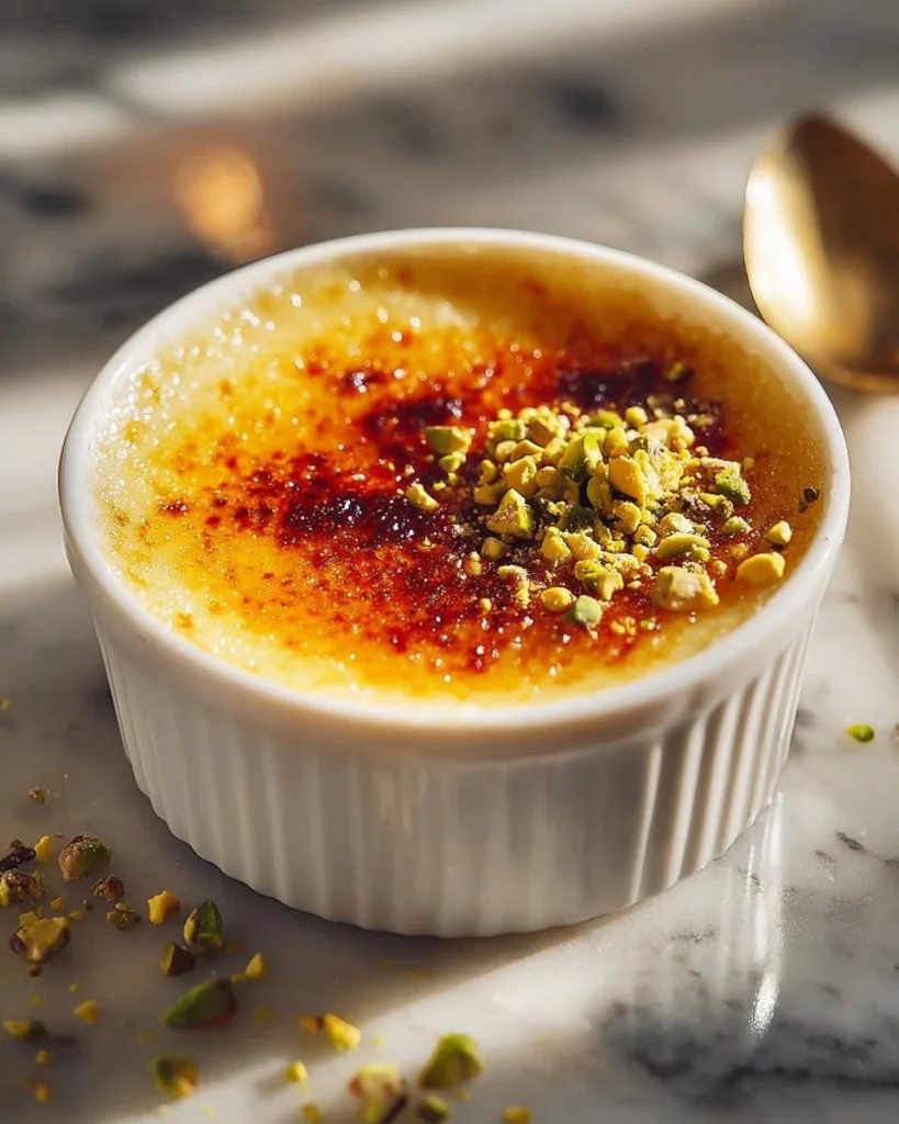 Elegant White Chocolate Lavender Brûlée topped with Pistachio Shatter, showcasing its creamy texture.