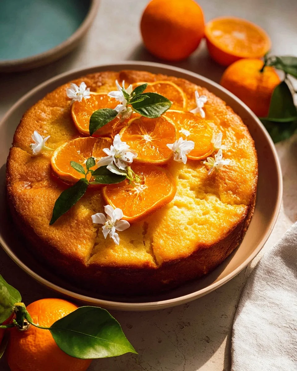 Flourless whole orange cake topped with zest and fresh orange slices
