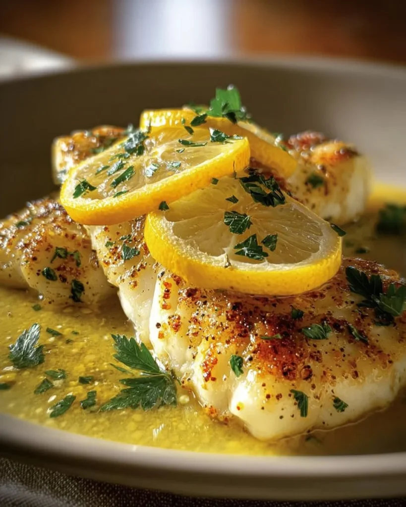 Zesty lemon butter fish fillet garnished with fresh herbs