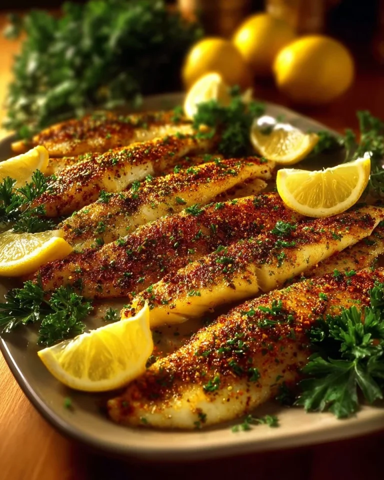 Zesty lemon butter fish fillets served with herbs on a plate.