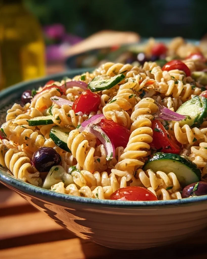Zesty summer pasta salad with fresh vegetables in a bowl