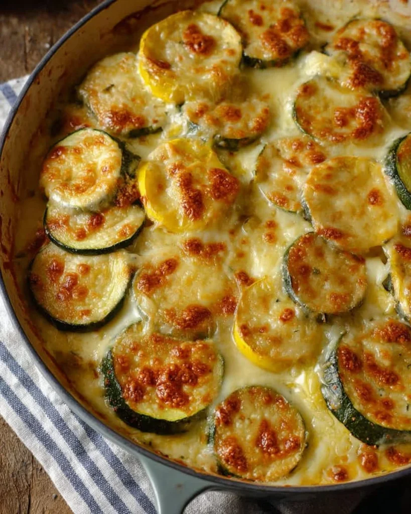 Zucchini and Yellow Squash Au Gratin topped with cheese in a baking dish