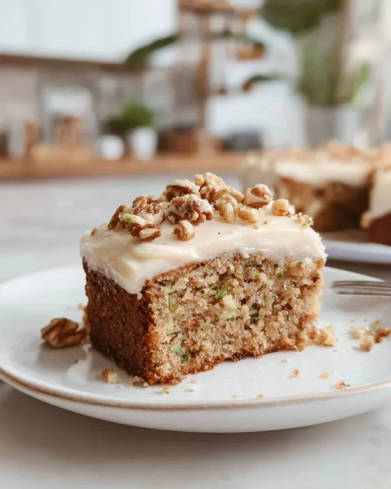 Delicious homemade zucchini cake with frosting and fresh zucchini slices.