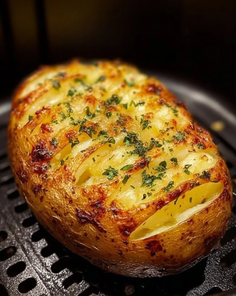Crispy air fryer baked potato with toppings on a plate